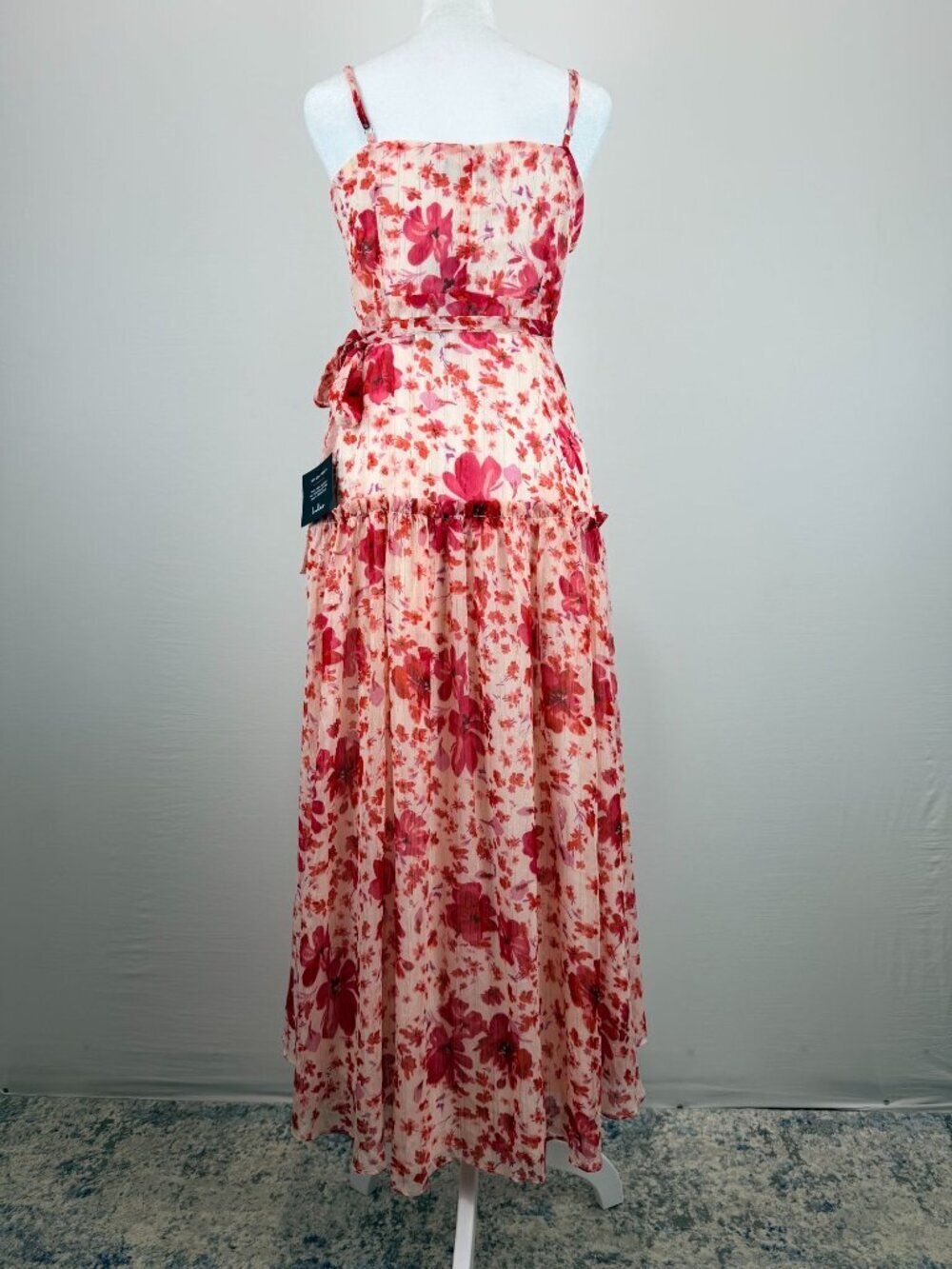 Lulus Womens Size S Pink Floral Wrap Midi Dress Ruffle Sleeveless NWT - Picture 3 of 16